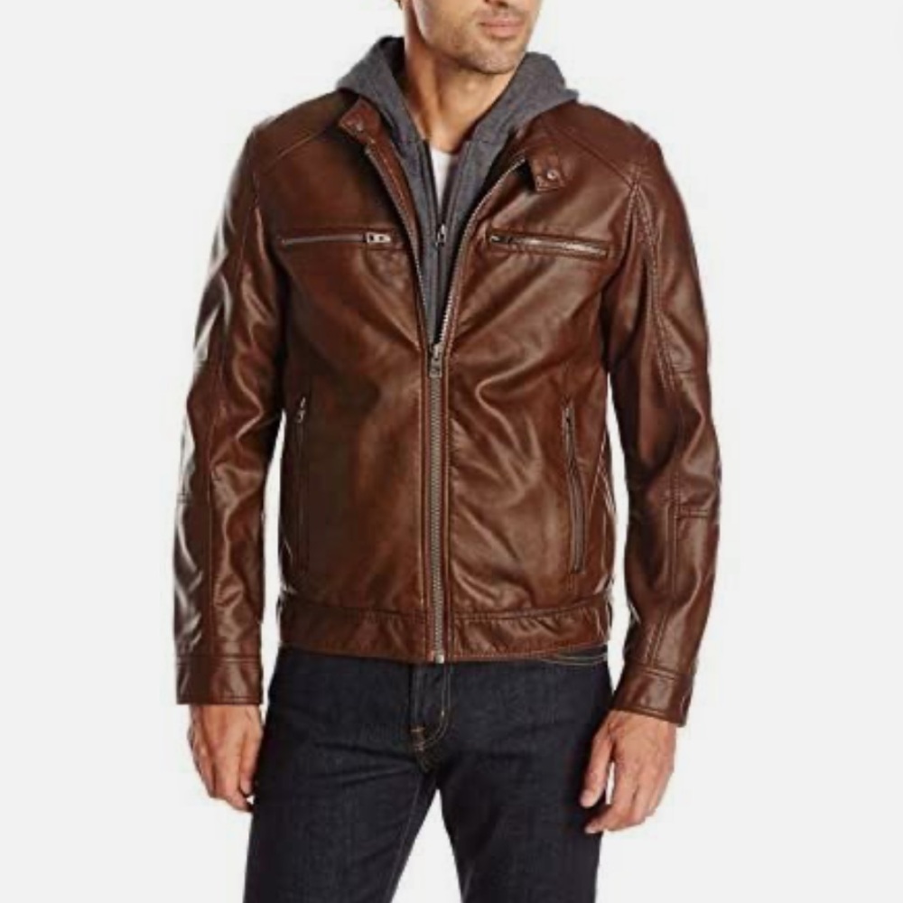Guess Men's Brown Faux Leather Jacket with sweatshirt Hood